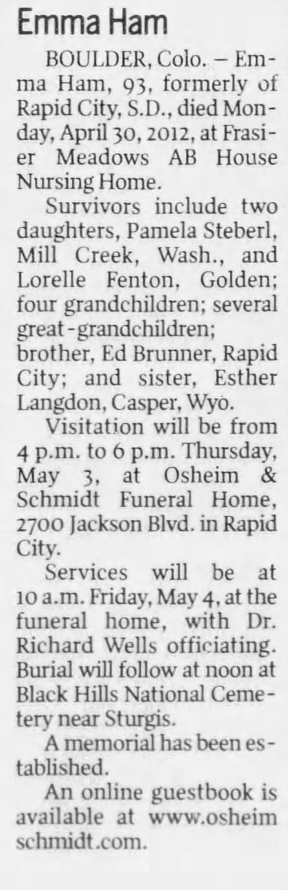 Obituary for Emma Ham (Aged 93)